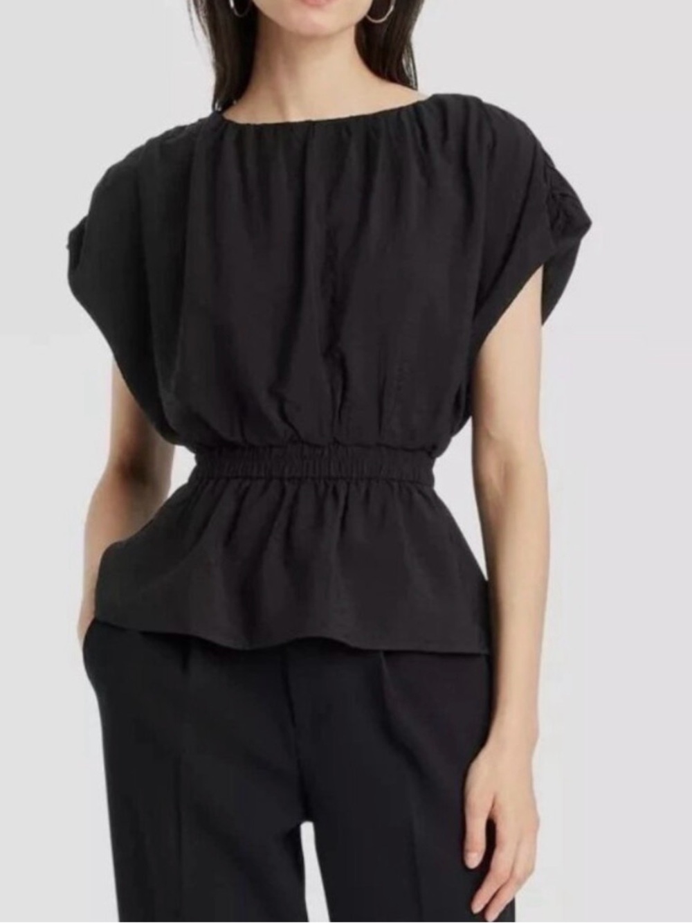 A New Day Black Ruched Peplum Blouse Short Sleeve Size Small NWT